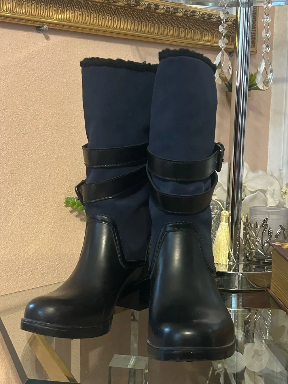 Coach Zena Navy Suede and Black Leather Mid-Calf Buckle Boots Size 8